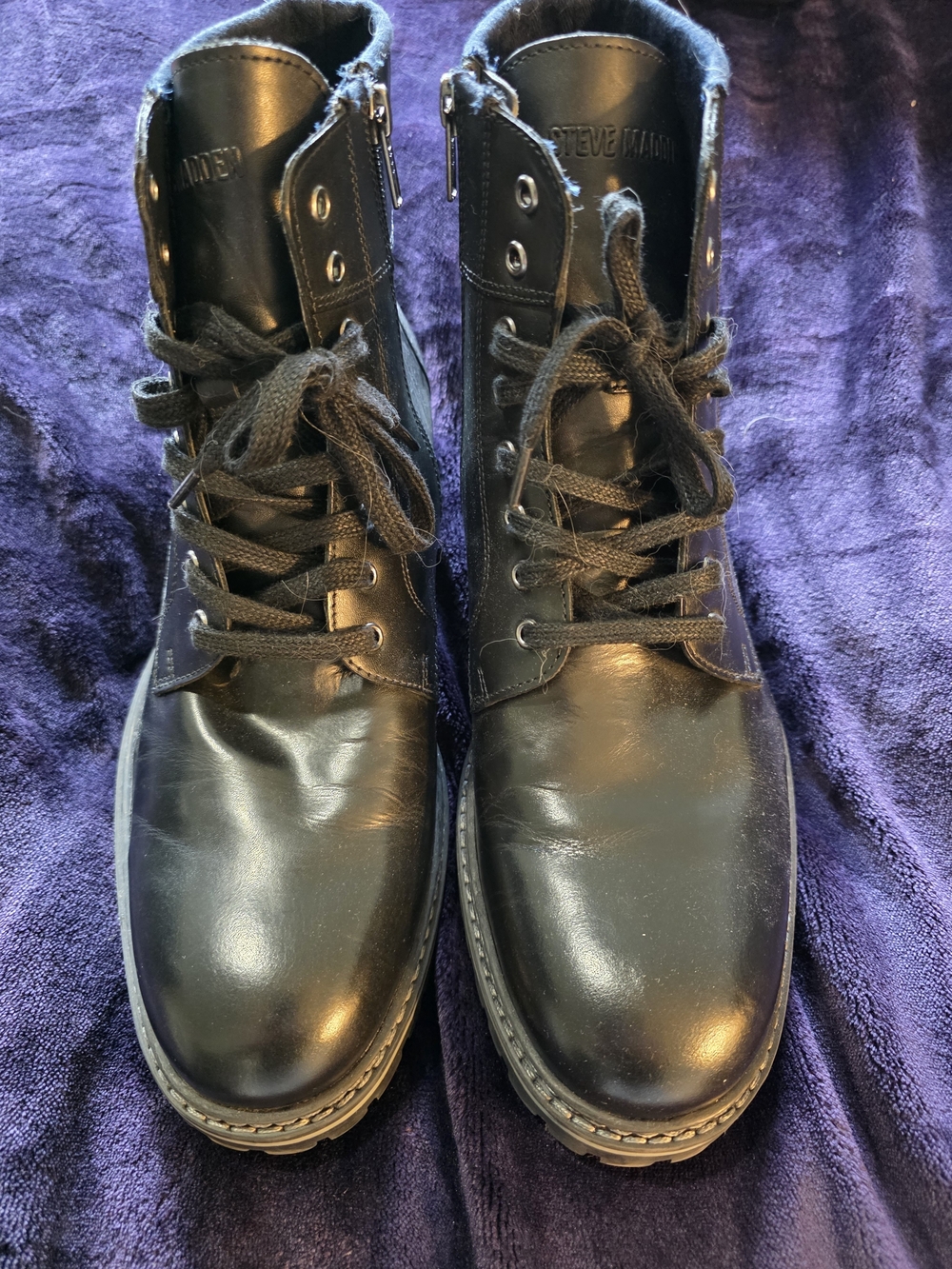 Steve Madden Men’s Black Leather Lace-Up Side-Zip Combat Boots Size 11